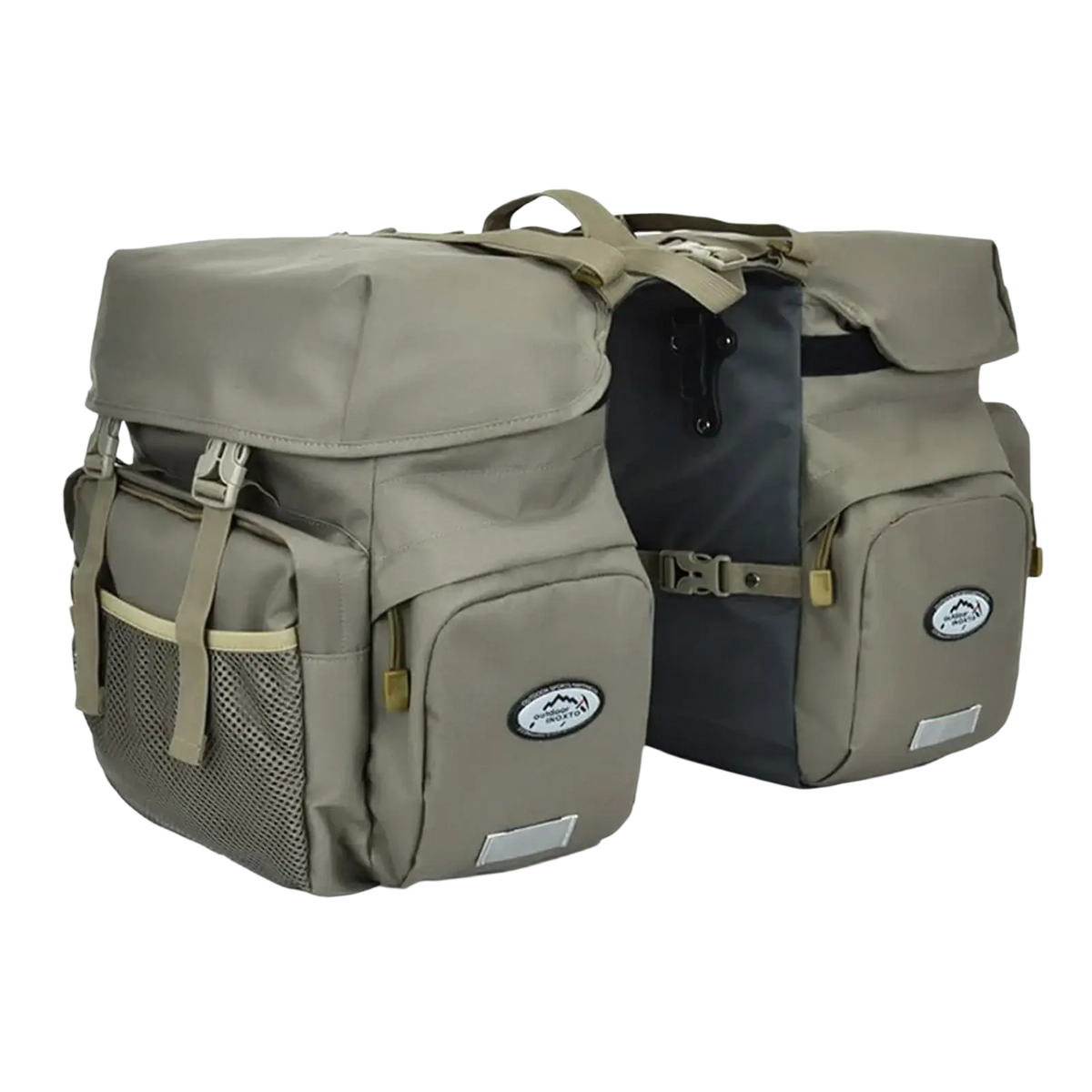 Tan and black ztz 50l waterproof dual bicycle pannier bag with mesh side pockets reflective strips and lime green rain cover
