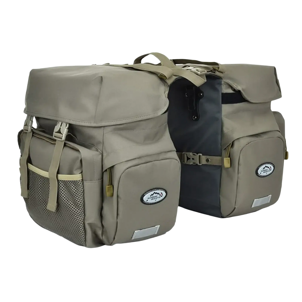 Tan and black ztz 50l waterproof dual bicycle pannier bag with mesh side pockets reflective strips and lime green rain cover