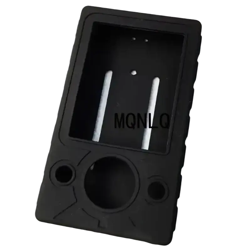 Black silicone protective case for zune 30gb with rectangular cutout and circular openings at the back side