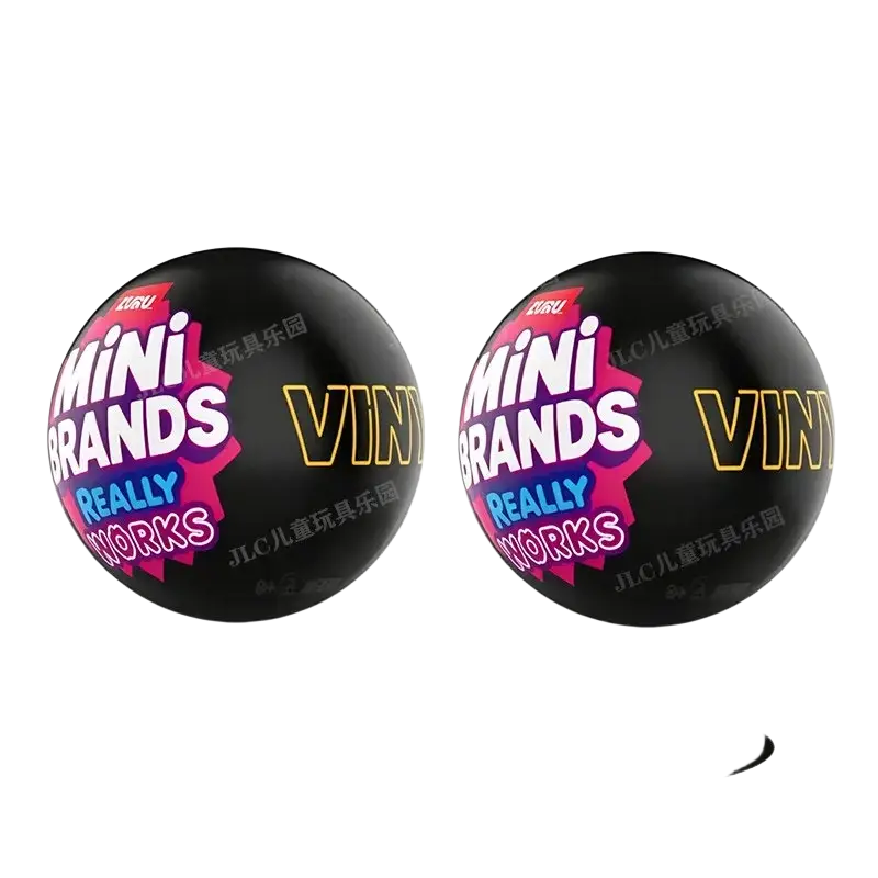 Black zuru mini vinyl records blind box toy featuring glossy black vinyl mystery record balls with vibrant pink and yellow text
