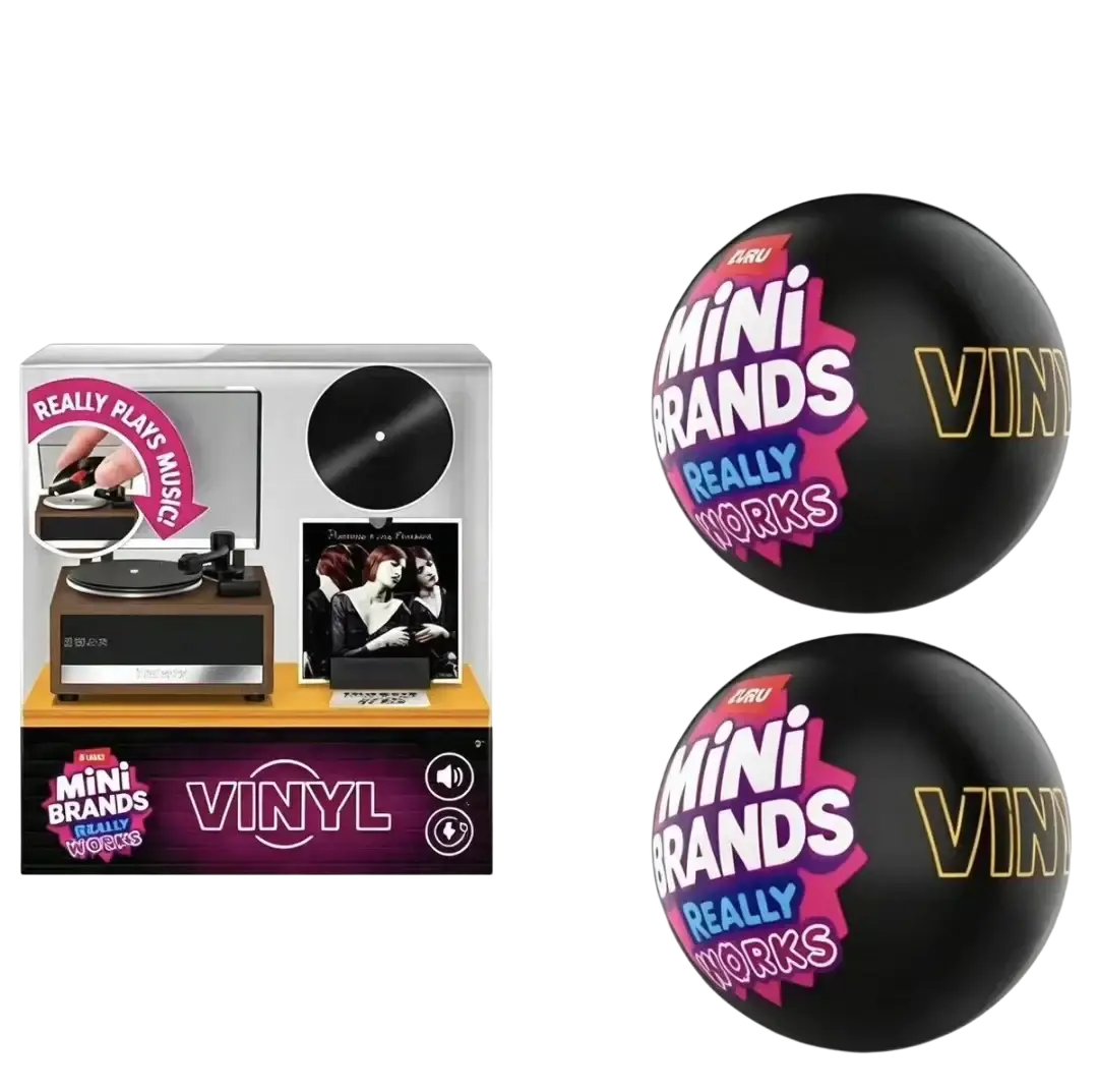 Black spherical zuru mini vinyl records blind box toy with colorful Mini Brands Really Works branding and gold lettering