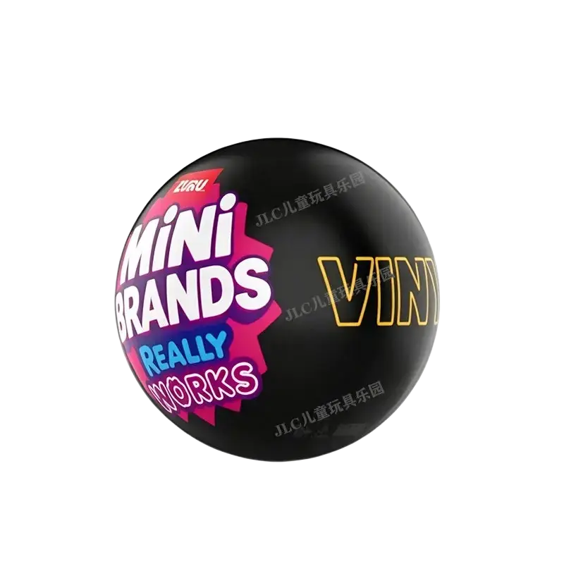 Black spherical vinyl toy ball with pink blue vibrant zuru mini branding and gold lettering from zuru mini vinyl records blind box toy