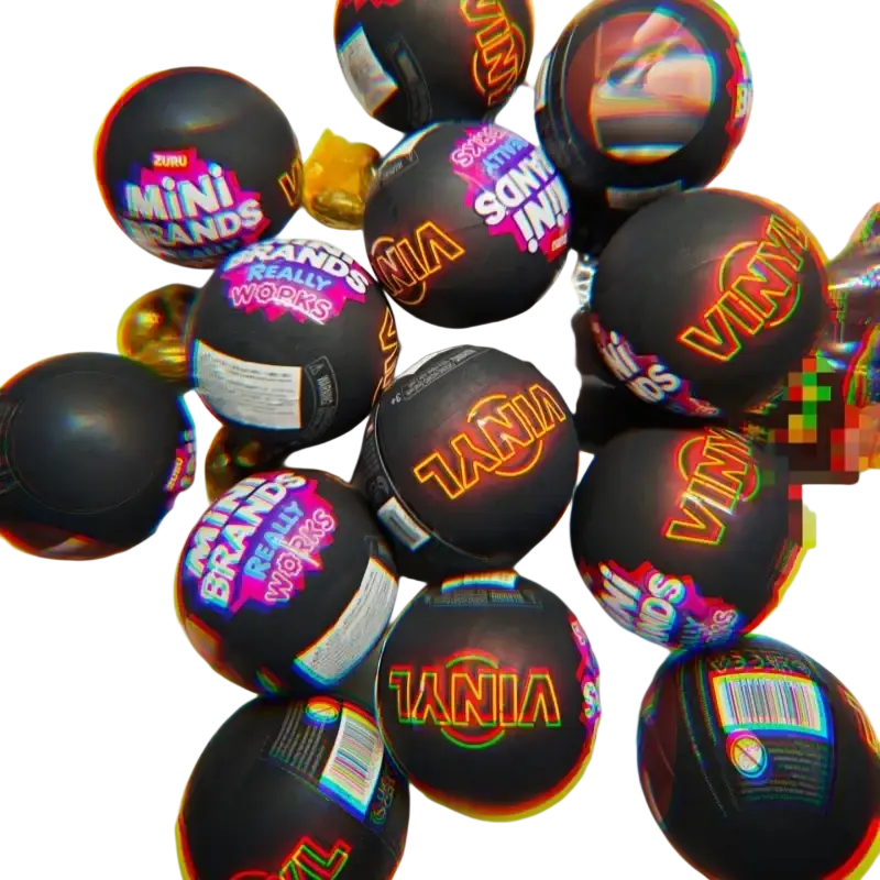Black spherical mystery toy balls with neon logos from zuru mini vinyl records blind box toy collection