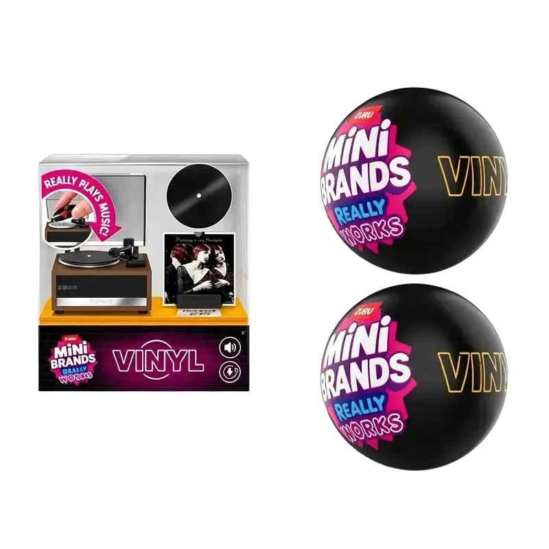 Zuru mini vinyl records blind box toy featuring a vinyl record player with wooden base and two black branded packaging balls