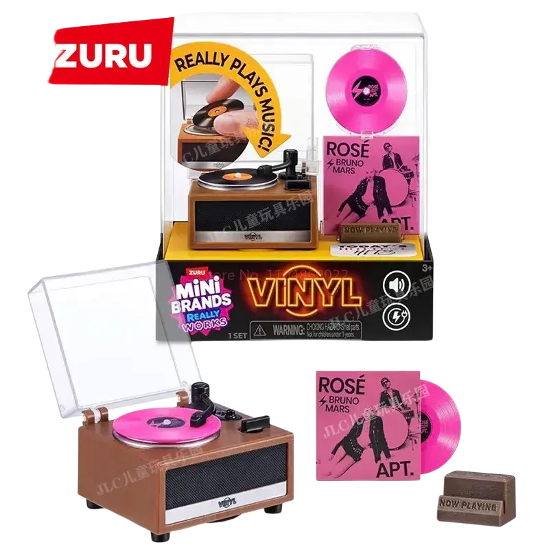 Brown miniature vinyl record player with pink spinning disc and matching album art from zuru mini blind box toy