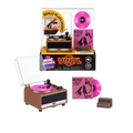 Brown miniature vinyl record player with pink spinning disc and album cover from zuru mini vinyl records blind box toy