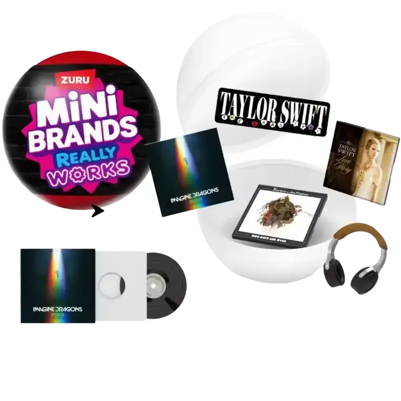 White spherical container holding music albums and headphones for zuru mini vinyl records blind box toy