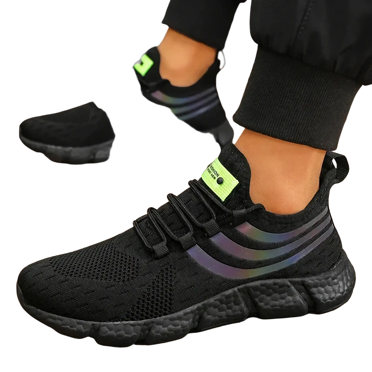 Zuuban men casual knit breathable sports sneakers in black mesh with neon green accents and iridescent stripes