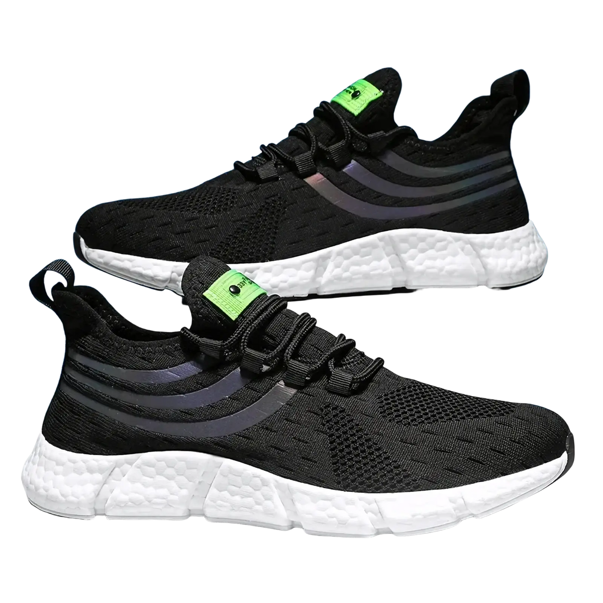 Zuuban men casual knit breathable sports sneakers in black mesh with white textured soles and neon green tongue accents