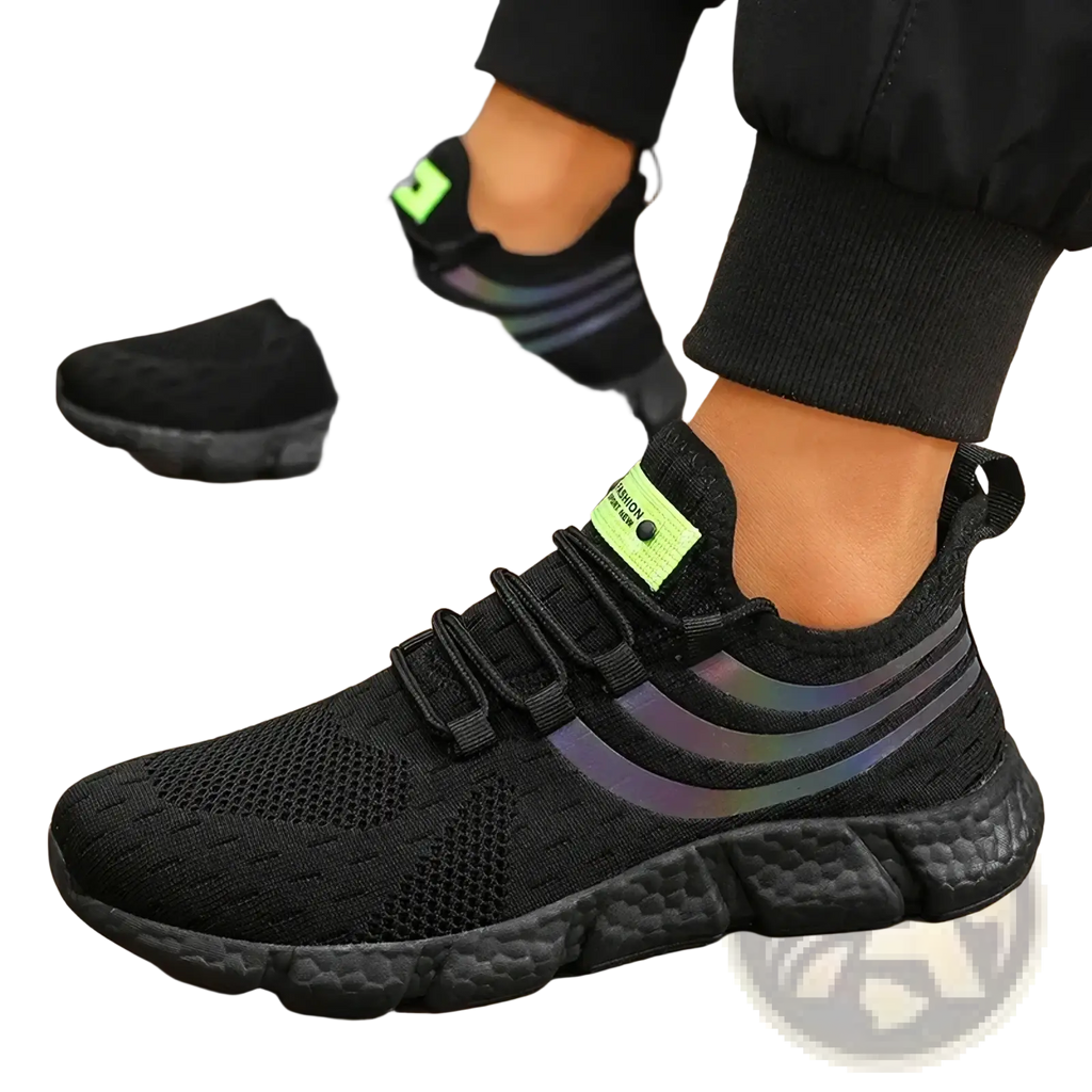 Zuuban men casual knit breathable sports sneakers in black mesh with neon green accents and iridescent stripes