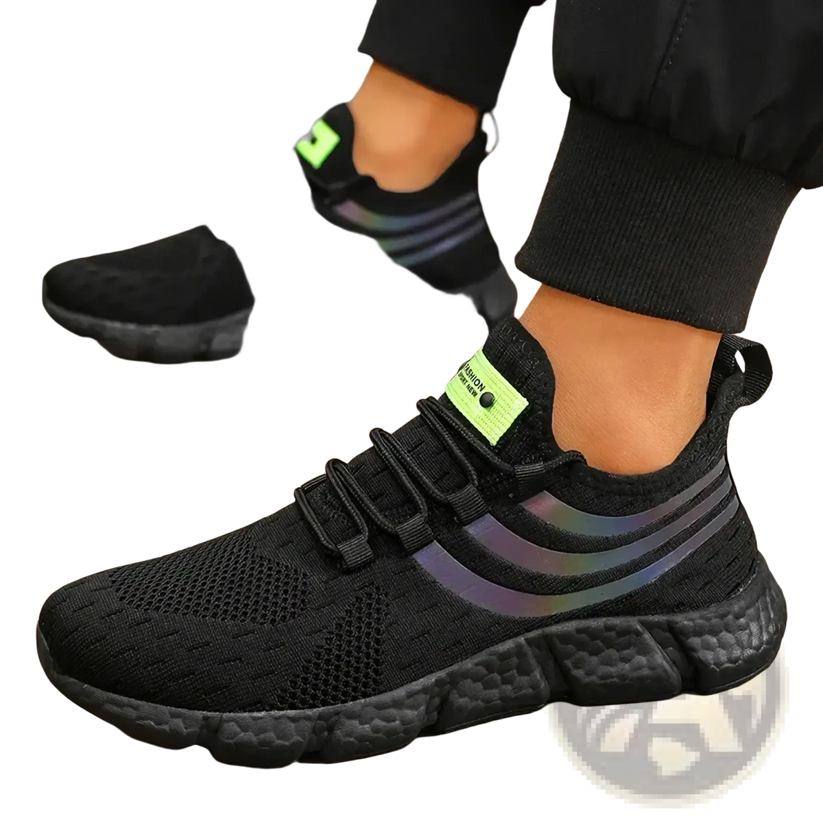Zuuban men casual knit breathable sports sneakers in black mesh with neon green accents and iridescent stripes