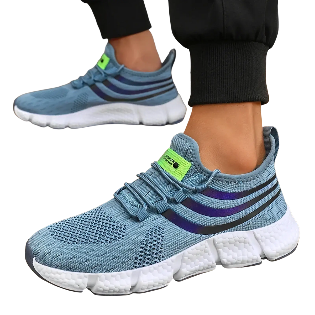 Zuuban men casual knit breathable sports sneakers in light blue with purple black stripes and neon green label on the tongue