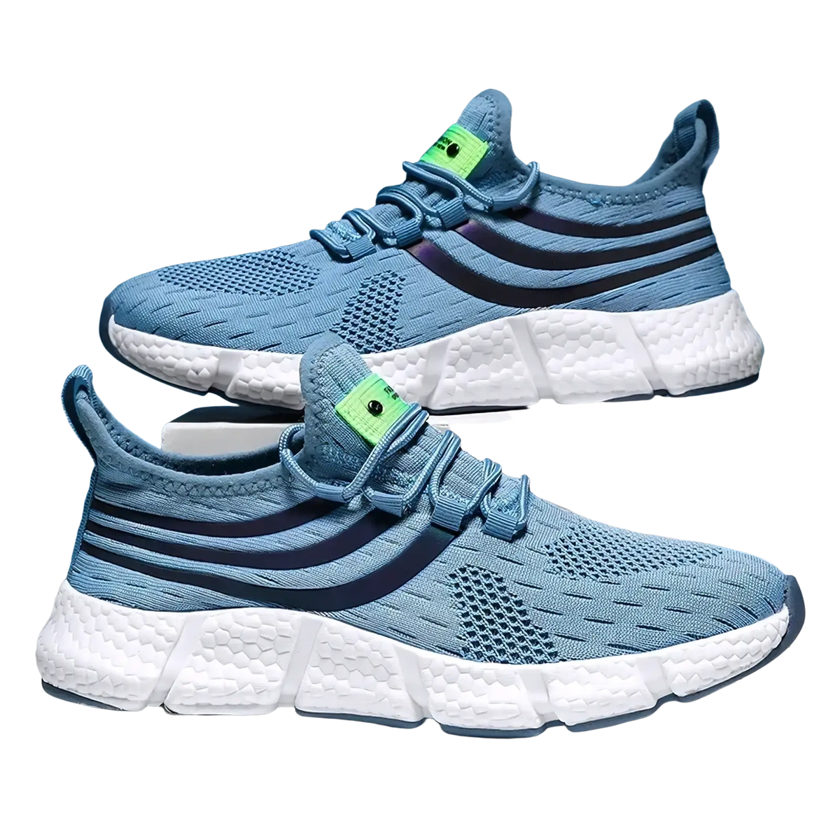 Zuuban men casual knit breathable sports sneakers in light blue mesh with dark blue stripes and bright green lace loops
