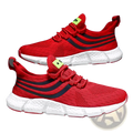 Zuuban men casual knit breathable sports sneakers in red mesh with black stripes and white sole featuring green smiley patches
