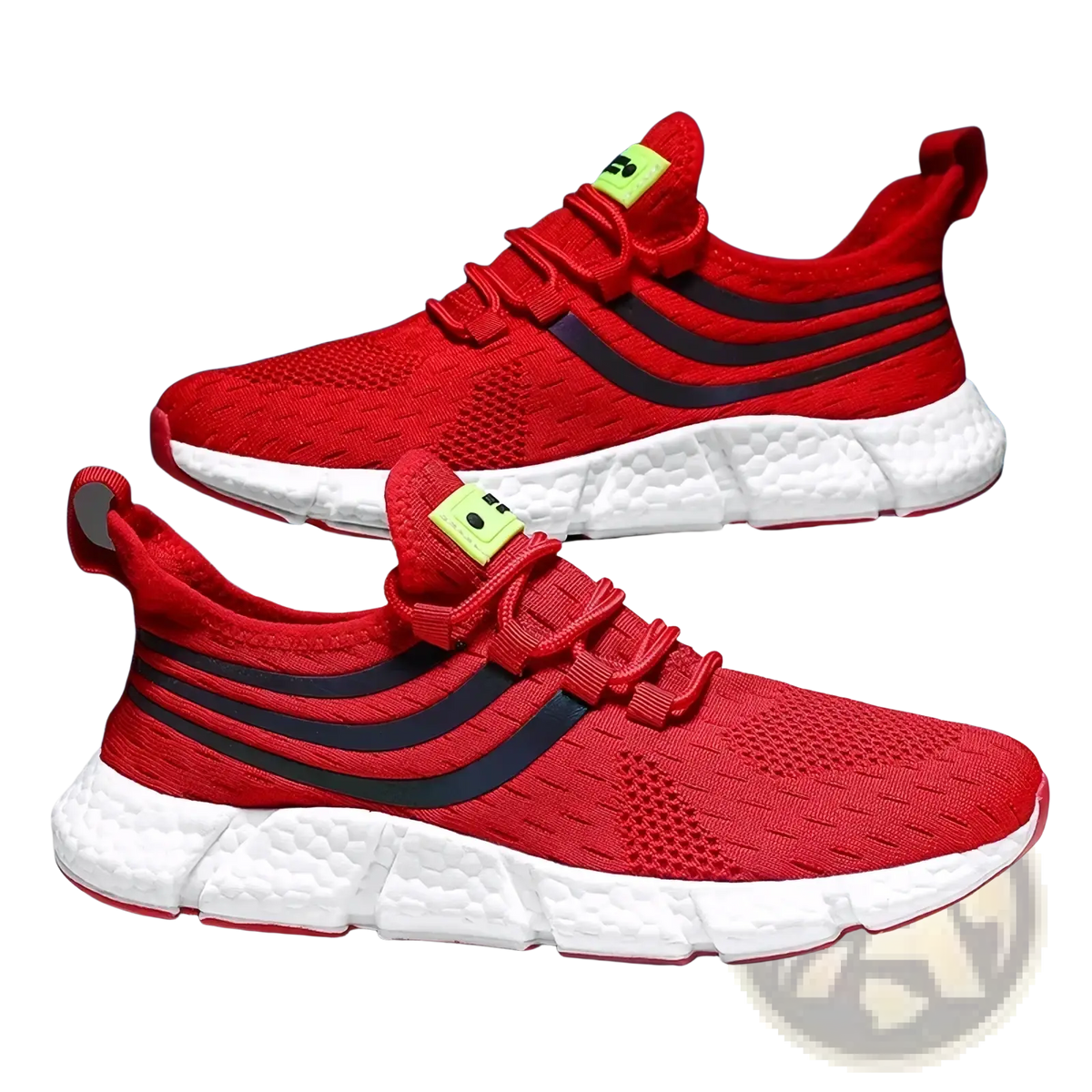 Zuuban men casual knit breathable sports sneakers in red mesh with black stripes and white sole featuring green smiley patches