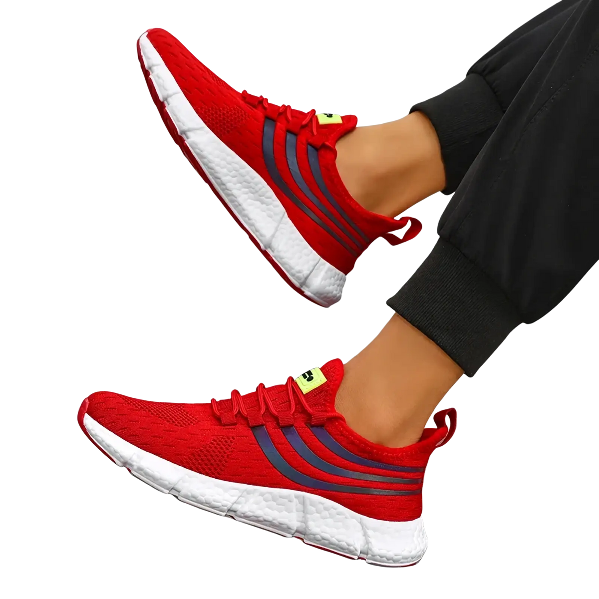 Zuuban men casual knit breathable sports sneakers in red with dark gray stripes, white sole, and yellow heel accents