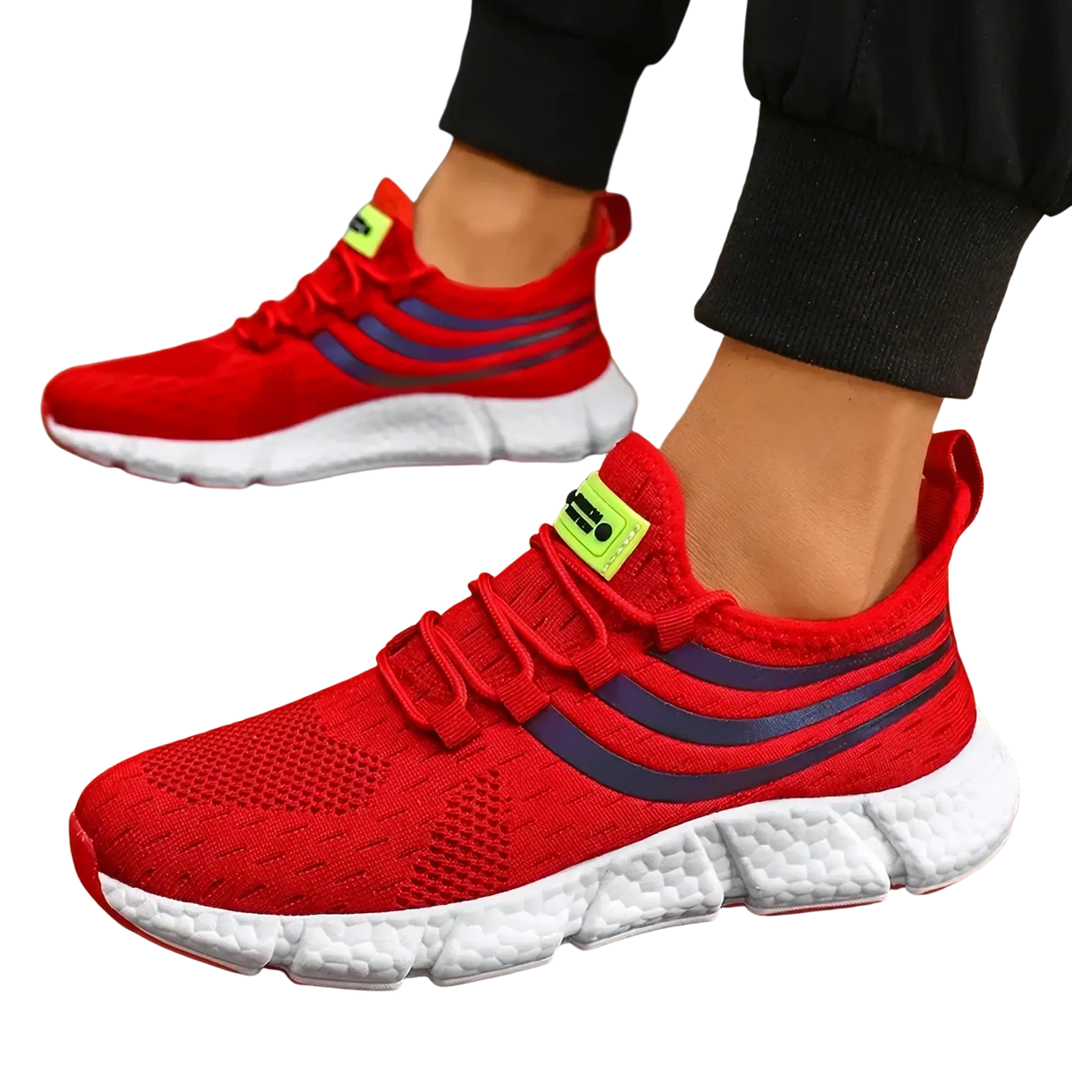 Red knit zuuban men casual breathable sports sneakers with navy blue stripes and white textured sole back view