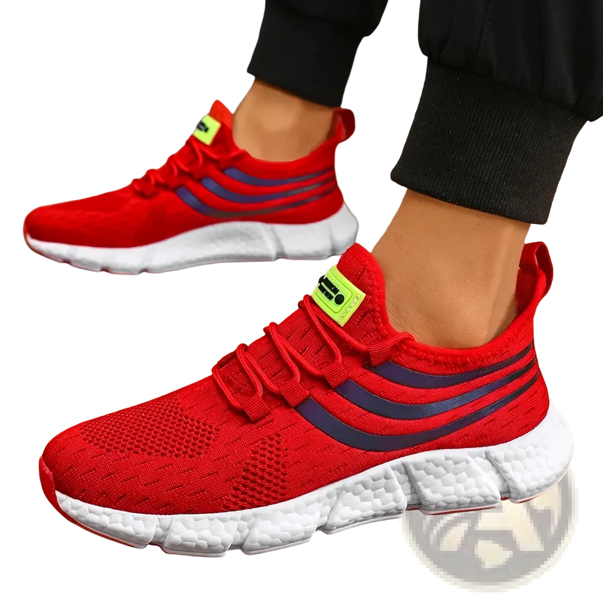 Red knit zuuban men casual breathable sports sneakers with navy blue stripes and white textured sole back view