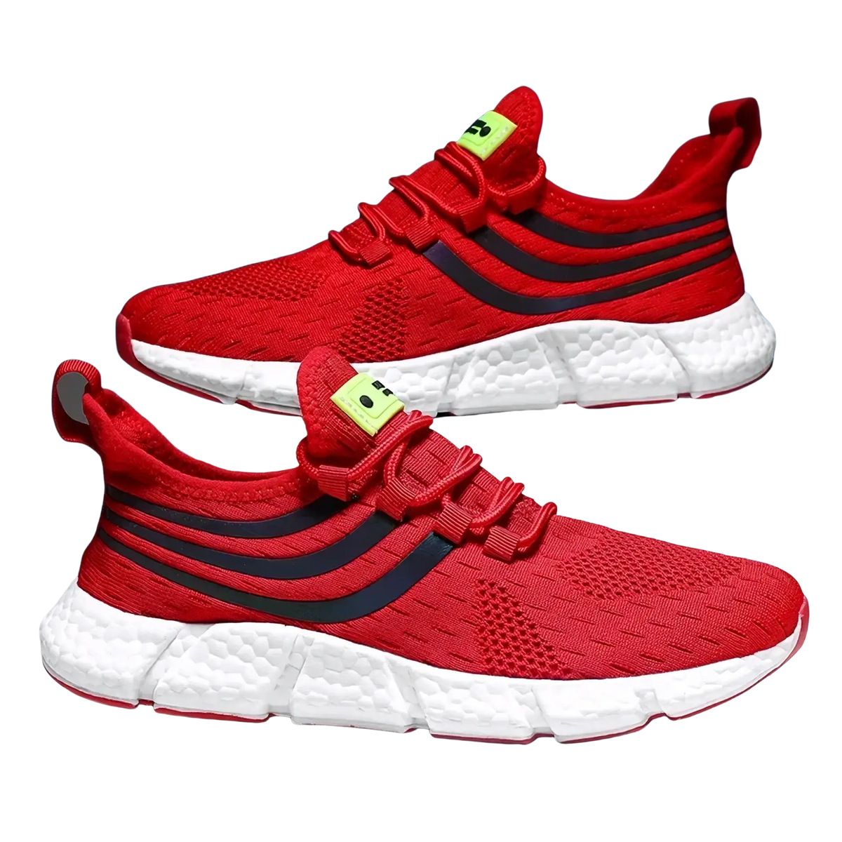 Zuuban men casual knit breathable sports sneakers in red mesh with black stripes and white sole featuring green smiley patches