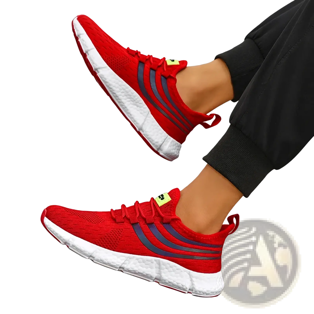 Zuuban men casual knit breathable sports sneakers in red with dark gray stripes, white sole, and yellow heel accents