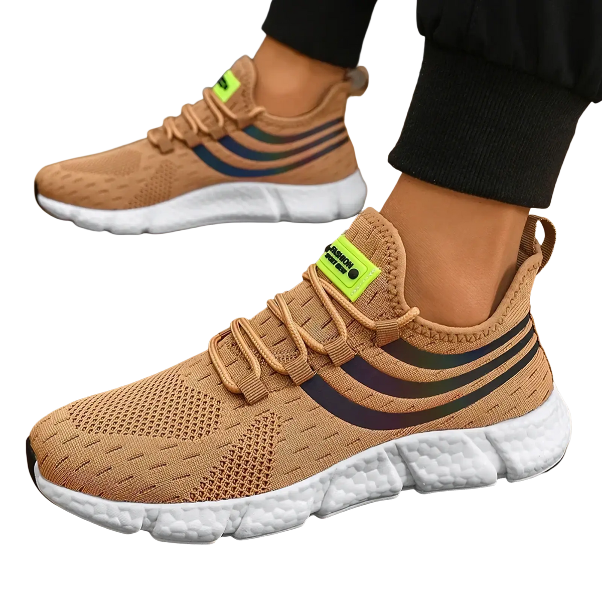 Zuuban men casual knit breathable sports sneakers in tan with neon green accents and white textured sole