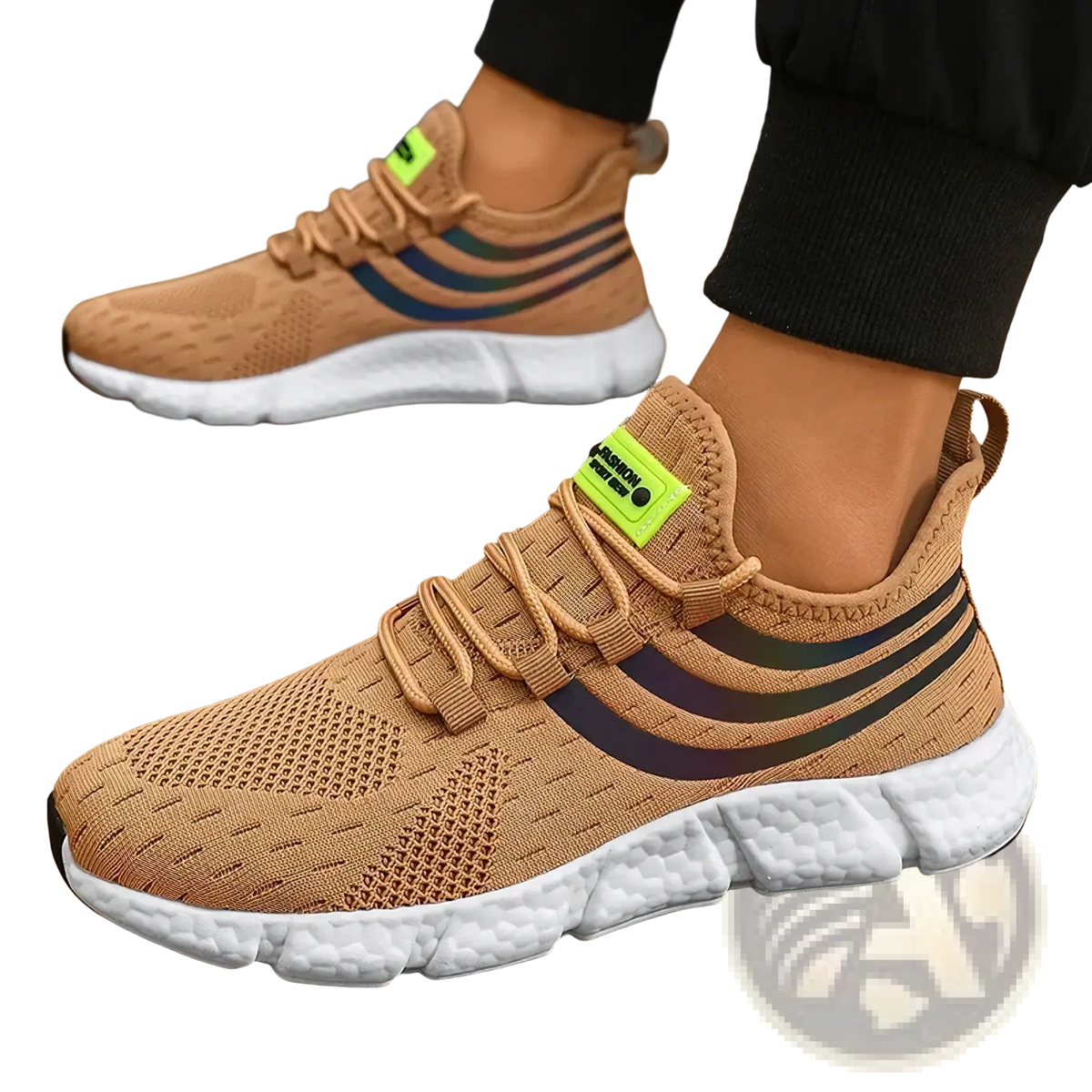 Zuuban men casual knit breathable sports sneakers in tan with neon green accents and white textured sole