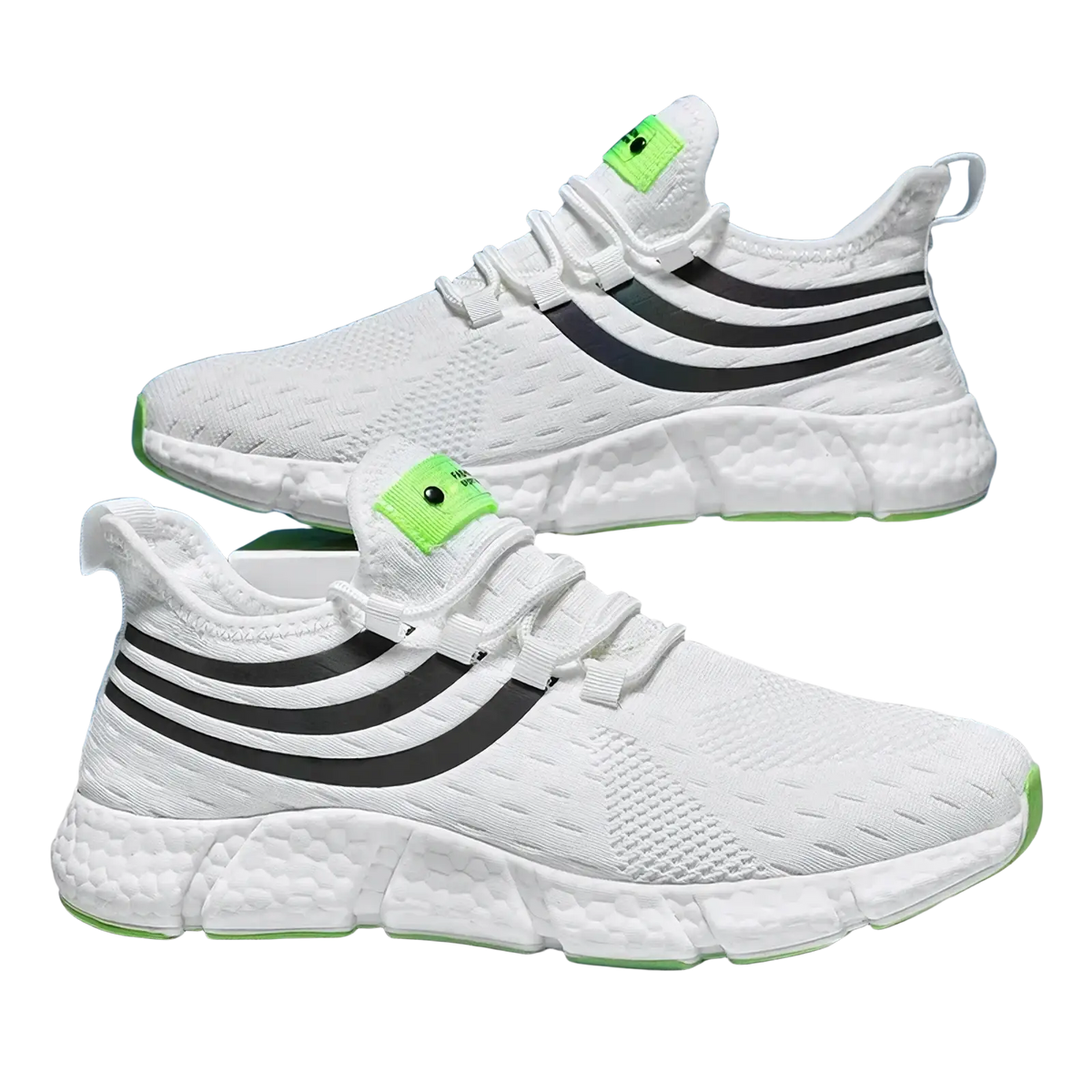 White mesh zuuban men casual knit breathable sports sneakers with black stripes and neon green heel tab and sole shown from back