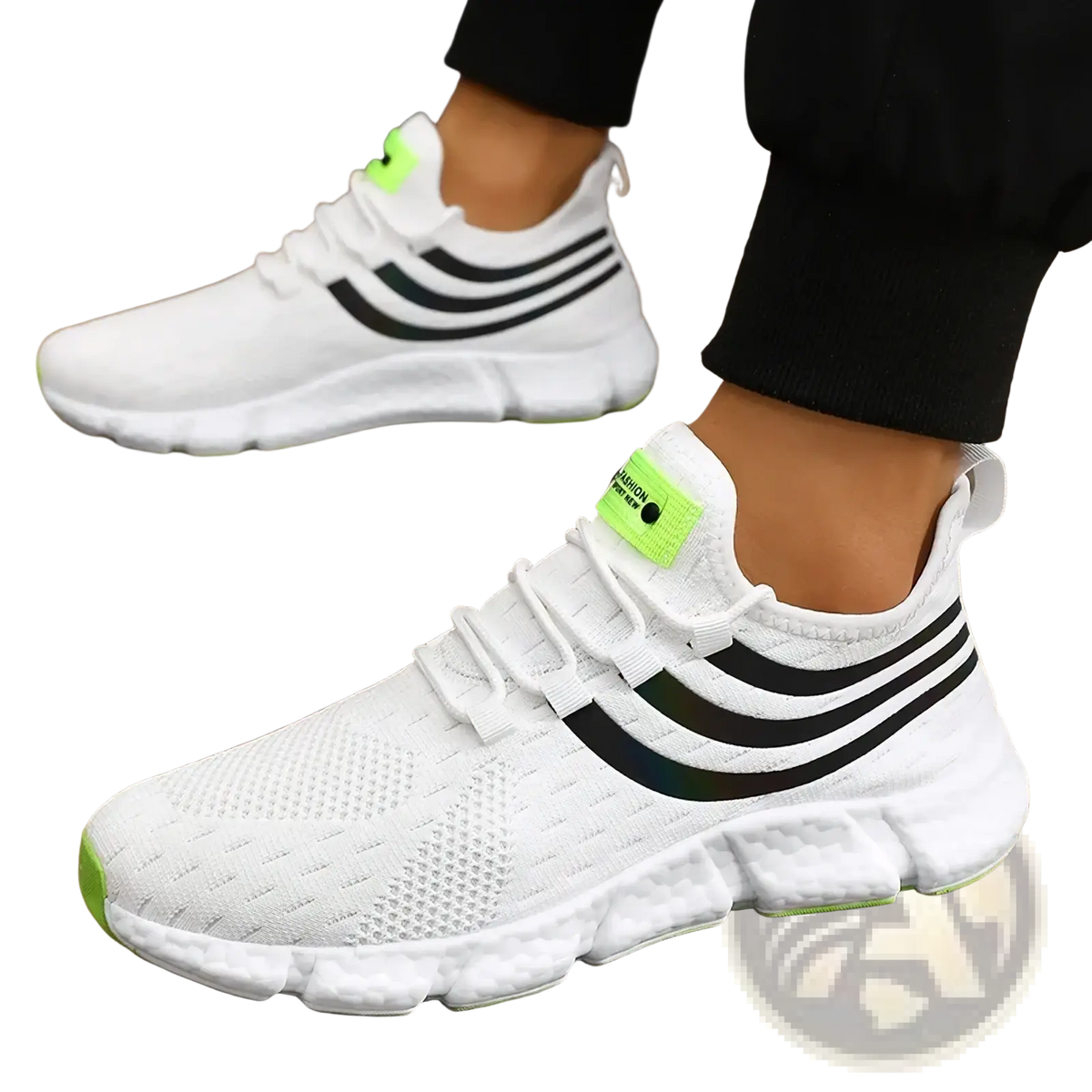 Zuuban men casual knit breathable sports sneakers in white mesh with black stripes and neon green accents